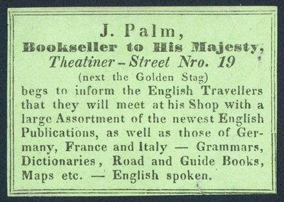 J Palm, Majestelerine Kitapçı, ticaret kartı by English School