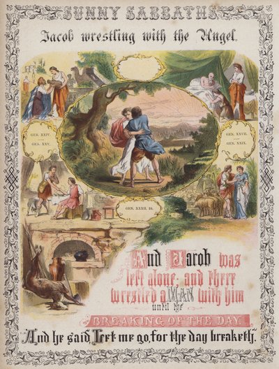 Yakup melekle güreşiyor (renkli gravür) by English School