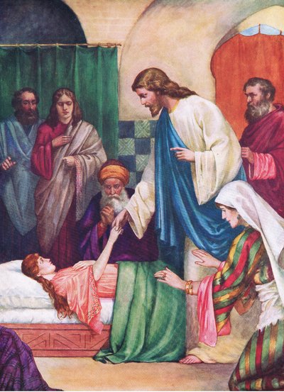 Jairus'un kızı, Thomas Nelson tarafından yayınlanan The Bible Picture Book'tan, yaklaşık 1950 (renkli lito) by English School