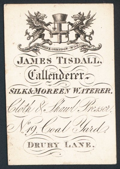 James Tisdall, Callenderer, silk and moreen waterer, ticari kart by English School