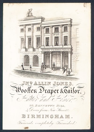 John Allin Jones, yünlü kumaşçı ve terzi, şapkacı ve çorap, ticari kart by English School
