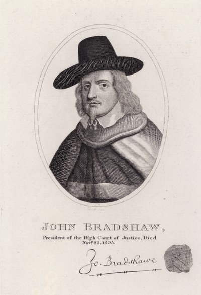 John Bradshaw, 1649'da Kral I. Charles'ın yargılanması için Yüksek Adalet Divanı Başkanı olan İngiliz yargıç (gravür) by English School