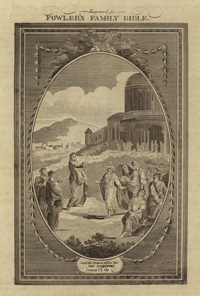 Jonah Ninevelilere vaaz veriyor, Jonah, Bölüm 3, Ayet 4 (gravür) by English School