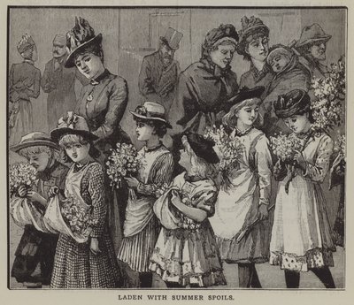 Yaz ganimetleriyle dolu: bir grup şehir çocuğu, kırsala bir yaz gezisinden sonra (gravür) by English School