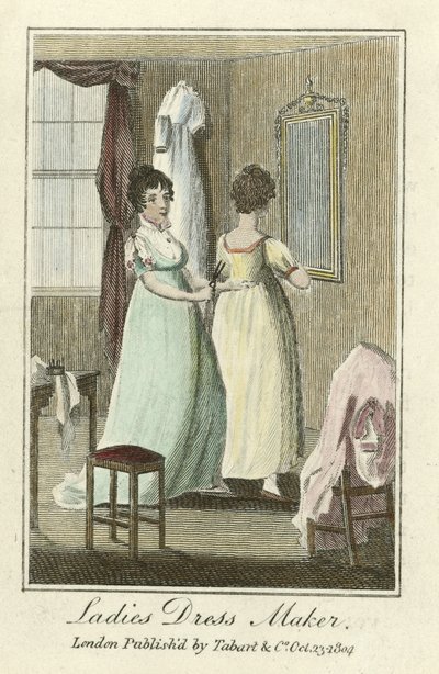 Bayan Elbise Üreticisi, pub. 1804 (el renkli gravür) by English School