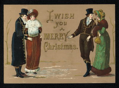 Bayanlar ve baylar kış giysileri içinde, Noel tebrik kartı. (kromolito) by English School