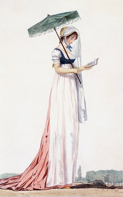 Güneş şemsiyeli zarif bayan yazlık elbise, Delacourt, 1770 (renkli gravür) by English School