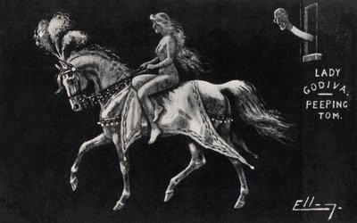 Leydi Godiva, Coventry sokaklarında at sırtında çıplak biniyor, bir Gözetleme Tom (lito) tarafından izleniyor by English School