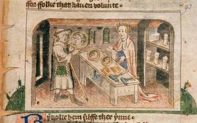 Lady Hagiography, bir hacıya merhem ve tuvalet eşyalarını sergiliyor, Guillaume Deguileville