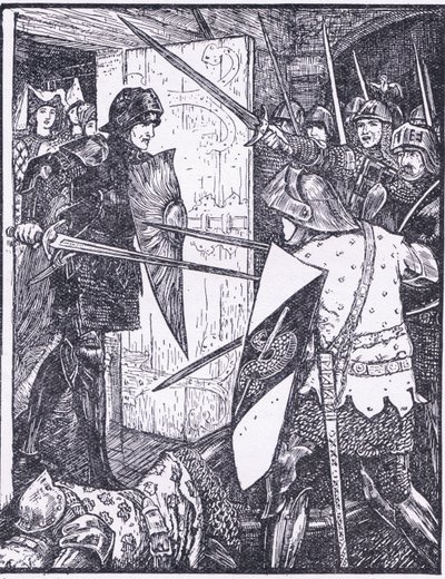 Lancelot, Longmans Green and Co tarafından yayınlanan 'The Book of Romance'dan bir çizimle Guenevere'nin odasından çıkıyor. by English School