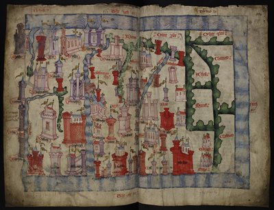 Lansdowne 204 ff.225v & 226 İskoçya Haritası, John Harding, c.1450 (parşömen üzerine mürekkep ve tempera) by English School