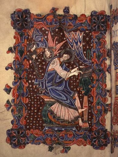 Lat 14782 f.16v Aziz Matta müjdesini yazarken, c.1080 (parşömen) by English School