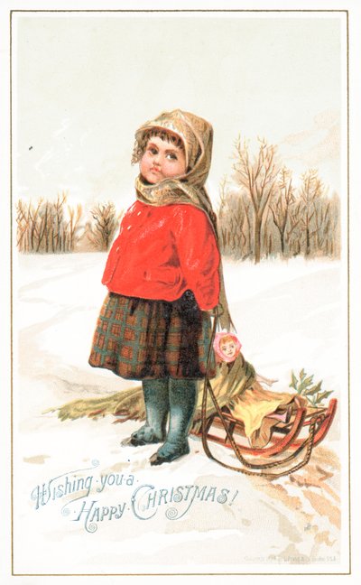 Bir kızağın yanında duran küçük kız, Noel kartı by English School
