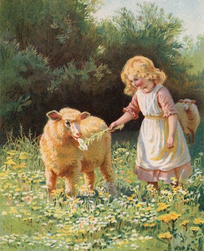 Çayırda bir koyuna çiçek besleyen küçük kız (chromolitho) by English School