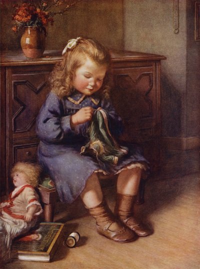 Küçük kız bebeği için kıyafet dikiyor (renkli taş) by English School