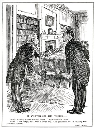 Lloyd George, gazeteler için makaleler yazmakla meşgul bakanların olmadığı bir Kabine Odasına girer, Ağustos 1920 by English School