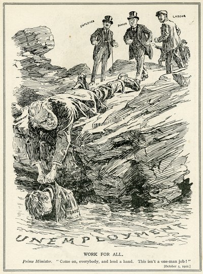 Lloyd George, işverenlere, bankacılara ve işçilere işsizliği yenmek için işbirliği yapmalarını söylüyor, 1921 by English School