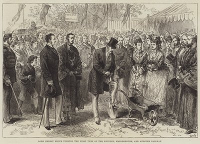 Lord Ernest Bruce Swindon, Marlborough ve Andover Demiryolunun İlk Çimini Döndürüyor (gravür) by English School