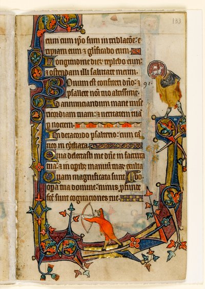 MS 1-2005, fol. 133r: Bir Okçu ve Vaftizci Yahya, Macclesfield Mezmurundan marjinal dekorasyon, Sarum Kullanımı, Doğu Anglia, c.1330 by English School