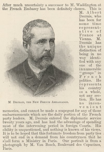 M Decrais, Yeni Fransız Büyükelçisi (gravür) by English School