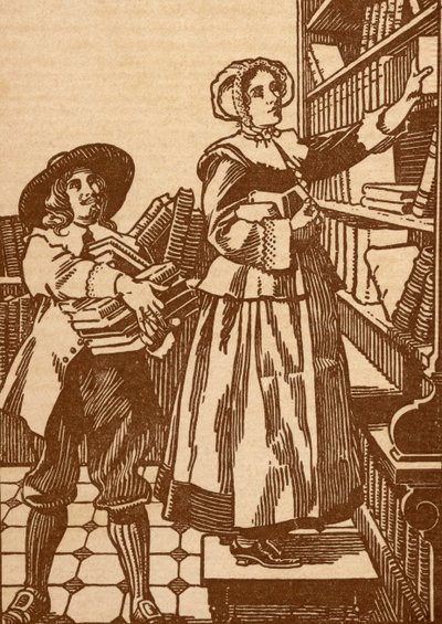 17. yüzyıldan kalma bir kitapçıda çalışan erkek ve kadın kitapçılar (litho) by English School