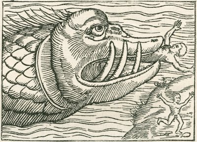 Deniz yılanı tarafından yenen adam. Olaus Magnus tarafından hazırlanan bir haritanın kenarında bulunan çizim by English School