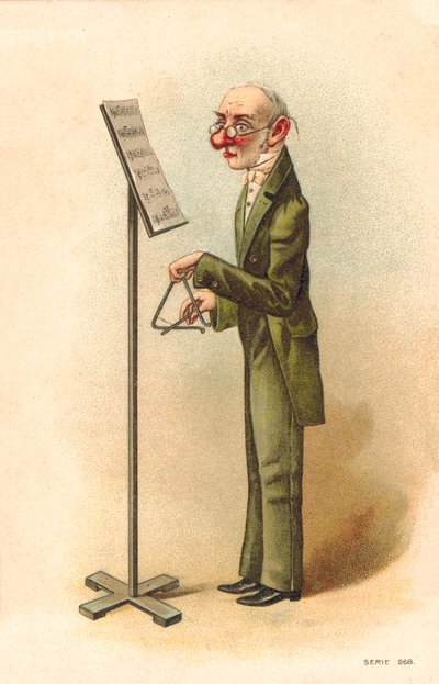 Üçgen çalmak için müzik sayfalarını okuyan adam (renkli taş baskı) by English School