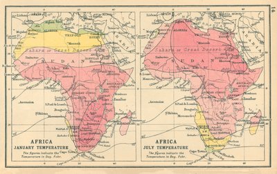 Harita: Afrika, Ocak Sıcaklığı, Temmuz Sıcaklığı (renkli lito) by English School
