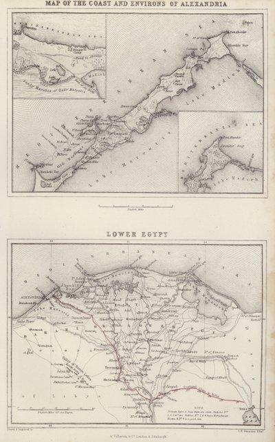 Harita: İskenderiye Kıyıları ve Çevresi Haritası; Aşağı Mısır (renkli taş baskı) by English School