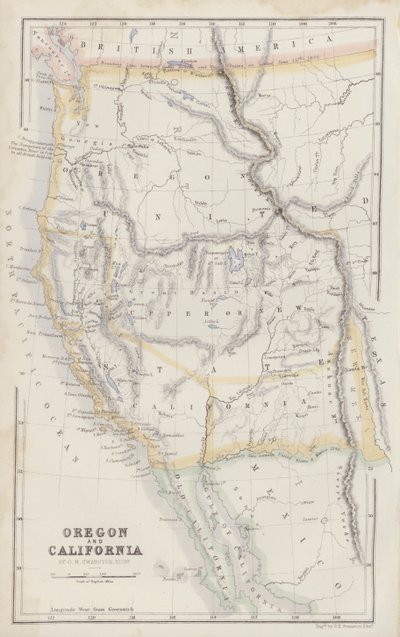 Harita: Oregon ve Kaliforniya, G H Swanston, Edinburgh (renkli taş baskı) by English School