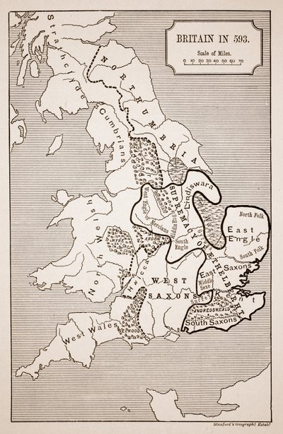 Stanfords Coğrafi Kuruluşu tarafından basılan 593 yılında Britanya Haritası by English School