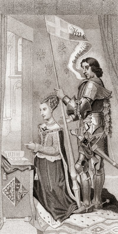 Danimarkalı Margaret, arkasında haçlı seferlerinin haçını gösteren bir pankart tutan Danimarka'nın koruyucusu St. Canute ile birlikte. Danimarkalı Margaret by English School