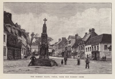 Pazar yeri, Crecy, Fransa, eski pazar haçı (litho) by English School