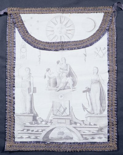 İnanç, umut ve sadaka tasvir eden masonik önlük (ipek kurdele kenarlı ve altın şerit kaplamalı baskılı deri) by English School