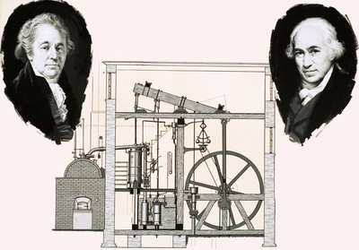 Patentli buhar motorlarından biriyle Matthew Boulton ve James Watt by English School