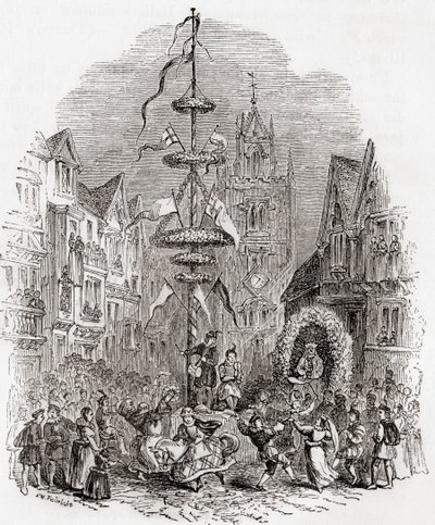 St Andrew Undershaft Kilisesi önünde mayıs direği dansı, 19. yüzyılda Londra, İngiltere, Eski İngiltere