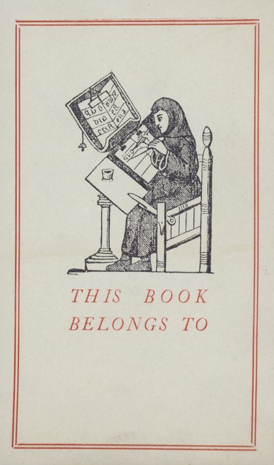 Bir el yazması üzerinde çalışan Ortaçağ yazıcısı, kitap sahipliği etiketi (renkli taş) by English School