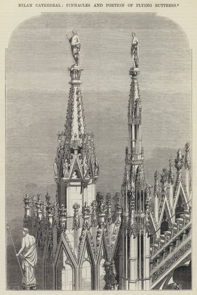 Milan Katedrali, Pinnacles ve Uçan Payanda parçası (gravür) by English School