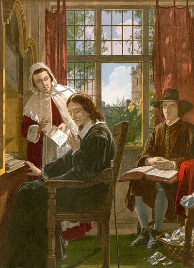Milton "Samson Agonistes "i yazdırırken (renkli gravür) by English School