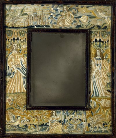 Kabartma İşlemeli Ayna, c. 1650-1700 (boncuklar, metalik purl, dantel, ipek, keten, ahşap, cam) by English School