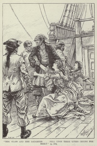 "Bayan Glass ve kızı dizlerinin üzerine çökerek merhamet dilediler" (gravür) by English School