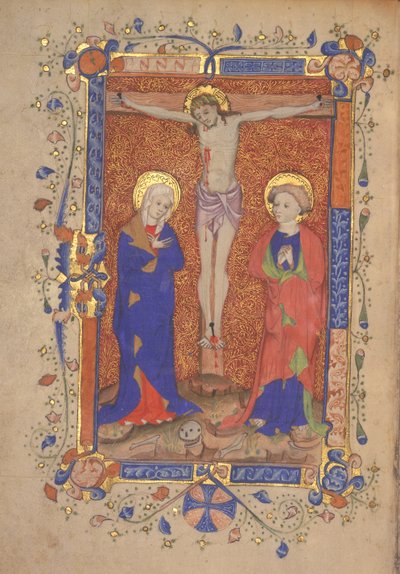 Ms 515 fol.108r St. Mary ve St. John the Baptist ile Çarmıha Gerilme, Missal of St. Botolph Aldersgate, c.1420-30 by English School