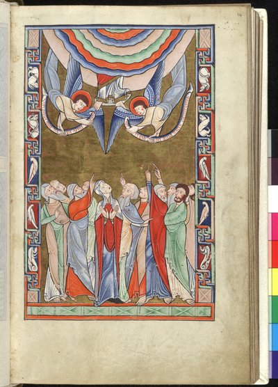Ms Hunter 229 f.14r The Ascension, from the Hunterian Psalter, c.1170 (parşömen üzerine kalem & mürekkep ve tempera) by English School