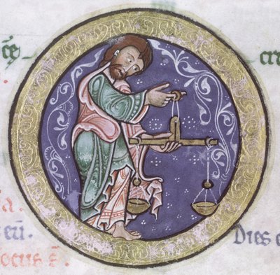 Ms Hunter 229 f.5r Libra, from the Hunterian Psalter, c.1170 (kalem & mürekkep ve parşömen üzerine tempera) (detay) by English School