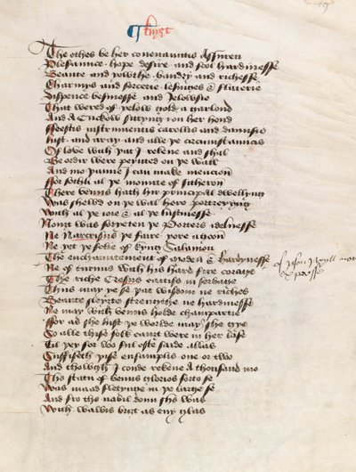 Ms. New Coll 314, f19r, The Canterbury Tales by Geoffrey Chaucer (parşömen üzerine kalem ve mürekkep) by English School
