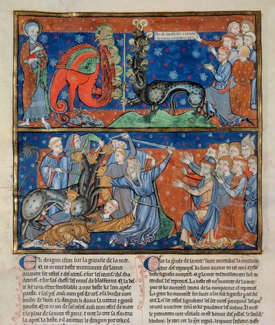 Ms R.16.2 f.14b Yedi başlı canavarın öldürülmesi, Trinity Apocalypse