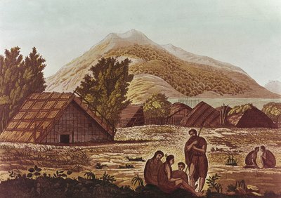 Yerliler, Arkasında Kulübeler ve Dağlar, F. Fumagalli tarafından oyulmuş (renkli gravür) by English School
