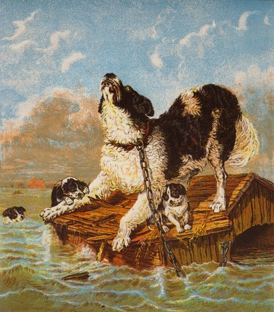 Newfoundland Köpeği ve Yavruları Tehlikede (renkli taş baskı) by English School