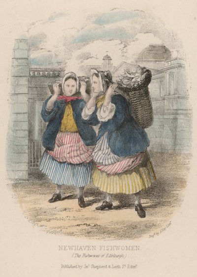 Newhaven balık kadınları, Edinburgh (renkli gravür) by English School