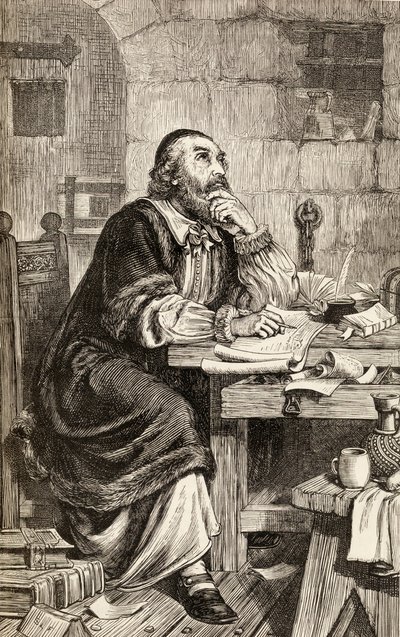 Nicholas Ridley hapishanede infazını beklerken mektup yazarken, 1865 dolayları (ahşap gravür) by English School